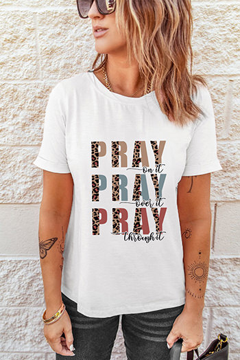 PRAY Leopard Letter Print Short Sleeve T Shirt