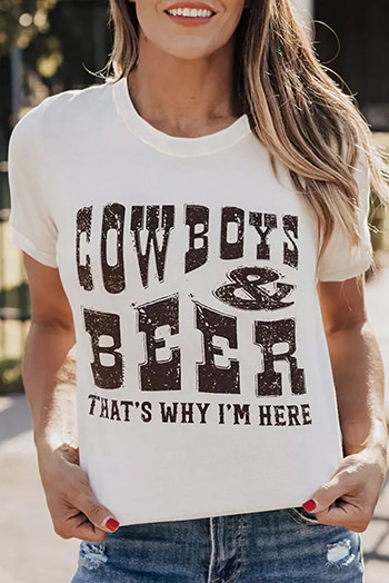 White COW BOYS and BEERS Letters Graphic T Shirt