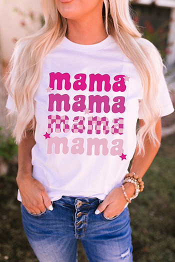 White Round Neck mama Graphic Casual Tee