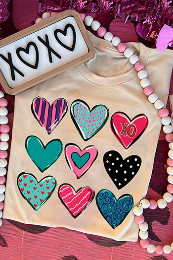 Khaki Valentines Multi Pattern Heart Print T Shirt