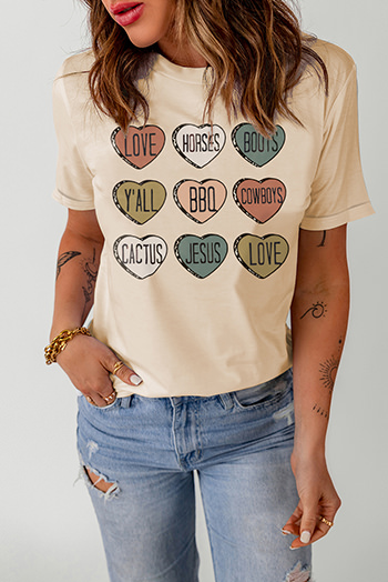 Khaki Heart Shaped Letters Print Crewneck Graphic Tee