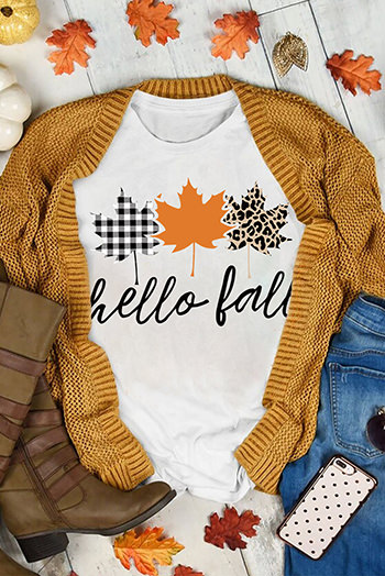 White Hello Fall Mapel Leaves Graphic Short Sleeve Tee