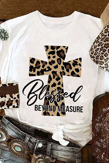 White Blessed Leopard Cross Graphic Print Graphic T Shirt