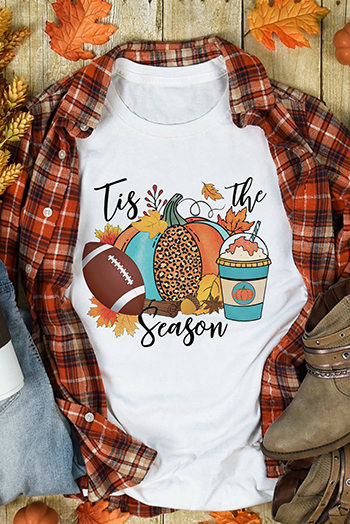 White Tis The Season Pumpkin Graphic Print Crew Neck T Shirt