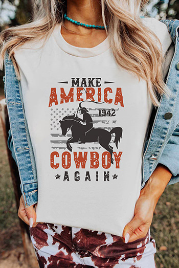 White America Cowboy Graphic Print Crew Neck T Shirt