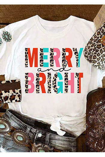 White Merry and Bright Leopard Print Short Sleeve Graphic Tee