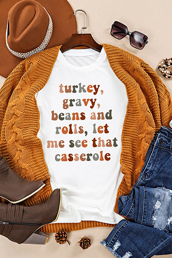 White Thanksgiving Slogan Letter Print Crew Neck Graphic Tee