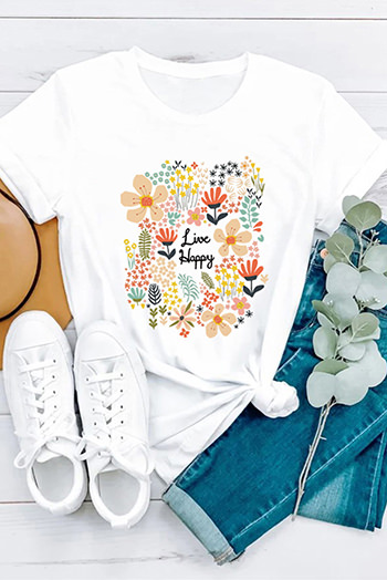 White Live Happy Floral Print T Shirt