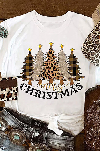 White Merry Christmas Leopard Tree Print Short Sleeve T Shirt