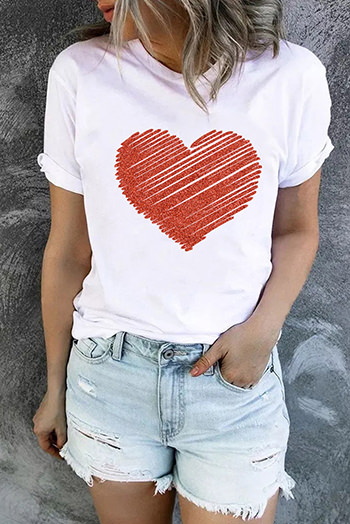 White Heart Shape Glitter Patter Print Short Sleeve T Shirt