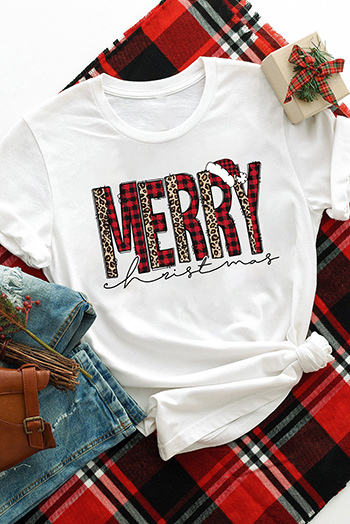 White MERRY Plaid Leopard Print Short Sleeve T Shirt