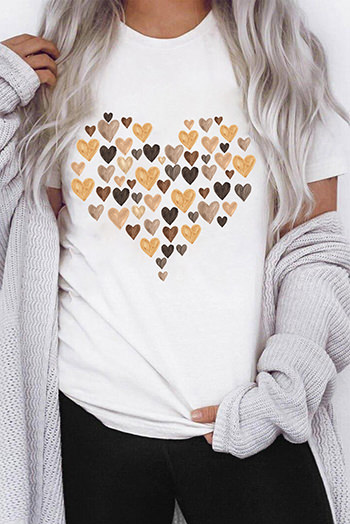 White Valentines Day Heart Shaped Print Crew Neck Graphic Tee