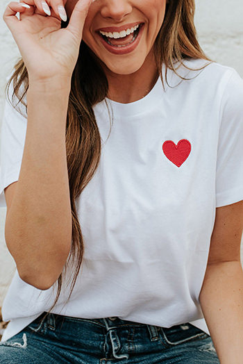 White Valentines Heart Pattern Embroidery T Shirt