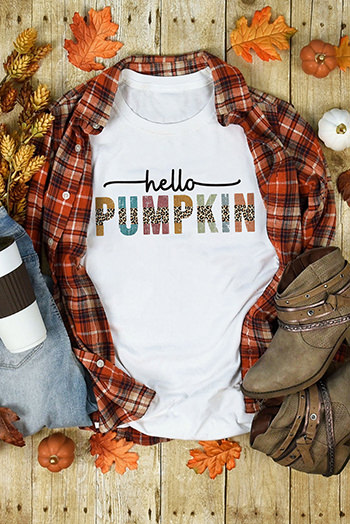 White Colorful Pumpkin Leopard Graphic Casual Tee