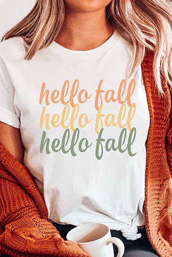 White Hello Fall Digital Graphic Casual T Shirt