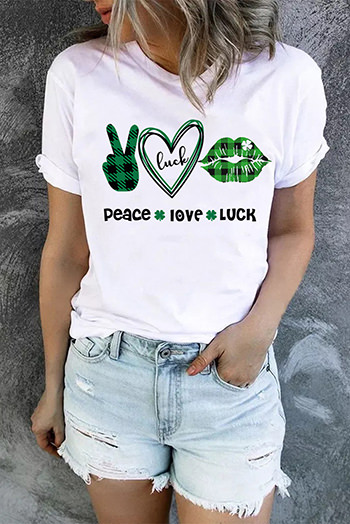 White Peach Love Luck Graphic Print Crew Neck T Shirt