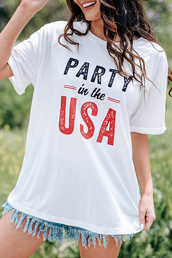 White PARTY In The USA Crew Neck Short Sleeve T Shirt