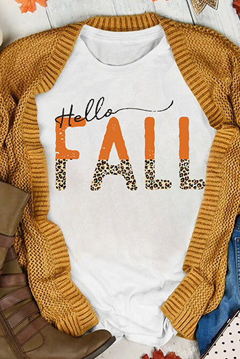 White Hello Fall Leopard Fun Graphic T Shirt