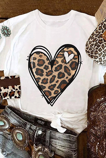 White Leopard Heart Pattern Print Valentines T Shirt