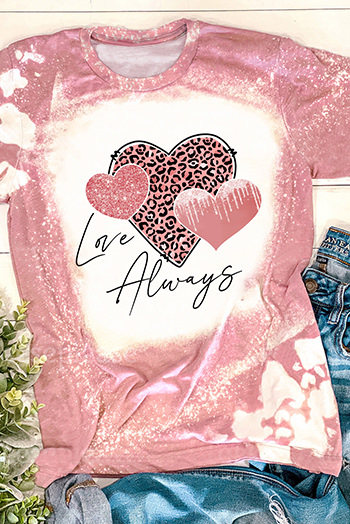 Pink Love Always Heart Leopard Bleached Print Graphic T Shirt