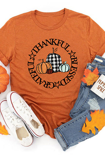 Orange Thankful Blessed Grateful Pumpkin Print Graphic T Shirt