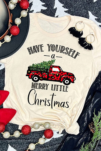 Khaki Christmas Tree Leopard Truck Print Graphic T Shirt