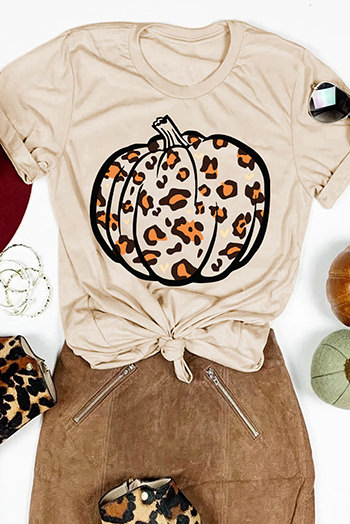 Khaki Pumpkin Leopard Print Short Sleeve Graphic T Shirt