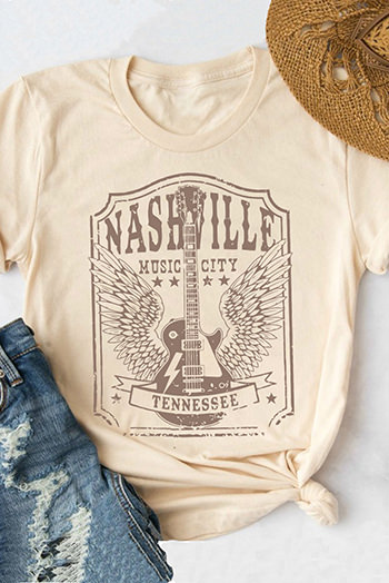 Khaki NASHVILLE Letter Guitar Graphic Print Short Sleeve T Shirt