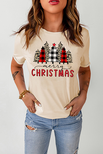 Khaki Christmas Plaid Leopard Tree Graphic Tee