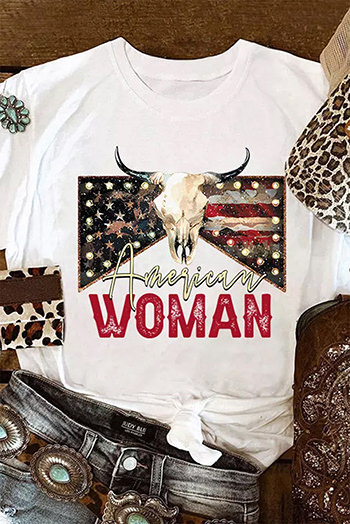 White American Woman Cow Skull Print Graphic T Shirt