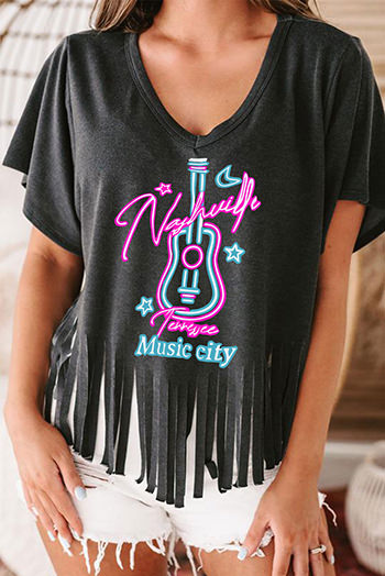 Black Nashville Guitar Slogan Print Fringed V Neck Graphic Tee