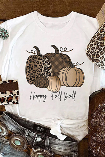 White Happy Fall Y'all Pumpkin Print Graphic T Shirt