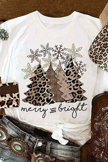 White Leopard Christmas Tree Graphic Print Crew Neck T Shirt