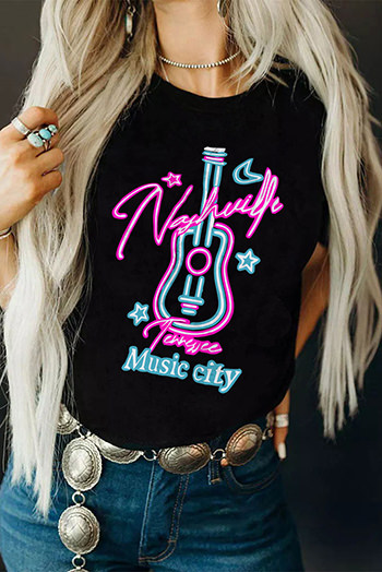 Black Music City Guitar Graphic Print Short Sleeve T Shirt