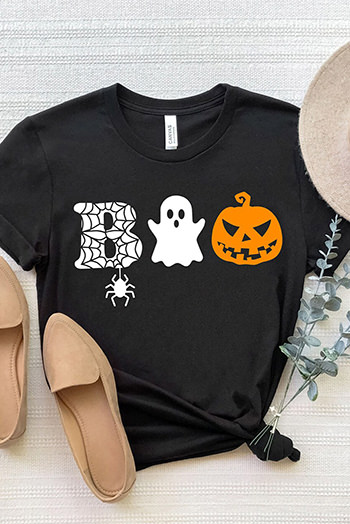 Black BOO Halloween Graphic Print Short Sleeve T Shirt