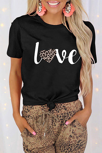 Black Love Leopard Heart Shape Print Short Sleeve T Shirt