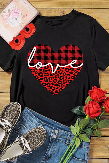 Black Love Leopard Plaid Heart Shaped Crewneck T Shirt