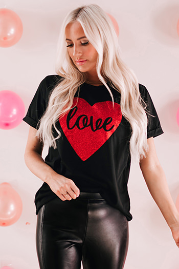 Black Love Heart Shaped Glitter Print Short Sleeve T Shirt