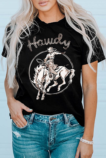 Black Howdy Western Cowboy Graphic Print Crewneck T Shirt