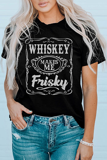 Black WHISKEY Makes Me Frisky Print Crewneck Graphic Tee