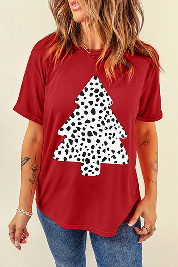 Red Leopard Christmas Tree Print Short Sleeve Graphic Tee