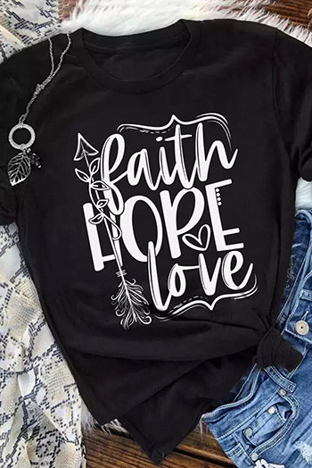 Black Faith Hope Love Graphic Print Short Sleeve T Shirt