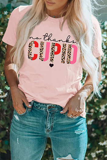 Pink CUPID Letter Leopard Print Short Sleeve Graphic T Shirt