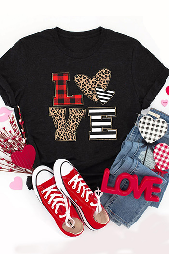 Black LOVE Heart Plaid Striped Leopard Print Graphic T Shirt