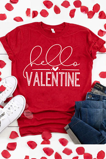 Red Hello Valentine Letter Print T Shirt