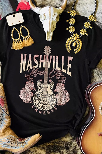 Black Nashville Leopard Guitar Rose Print Short Sleeve T Shirt