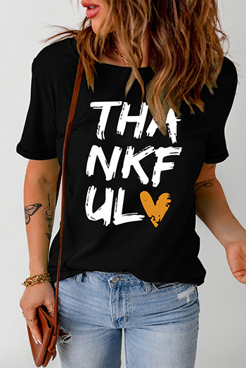 Black THANKFUL Heart Print Short Sleeve Graphic T Shirt