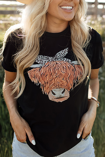 Black Cute Cattle Leopard O Neck T Shirt