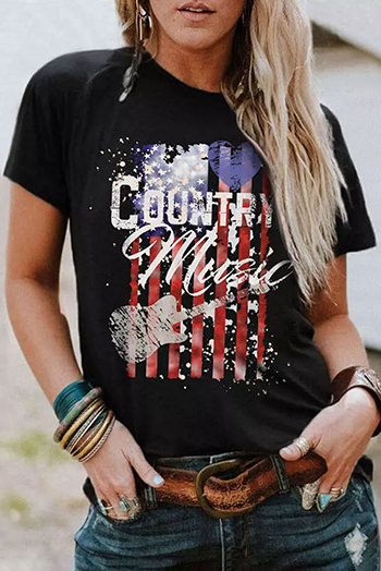 Black Country Music American Flag Print Short Sleeve T Shirt