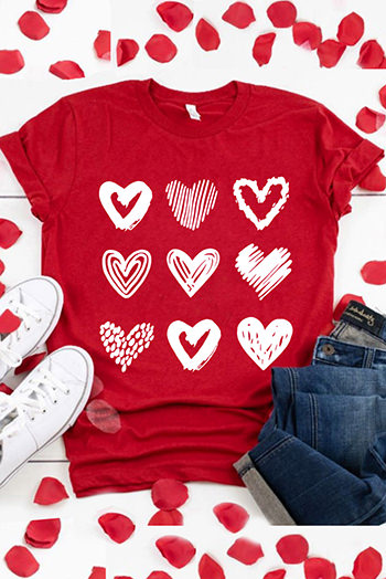 Red Various Heart Glitter Flocking Pattern Valentines Graphic Tee